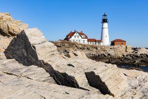 A rock formation in front of Portland Head Lighthouse