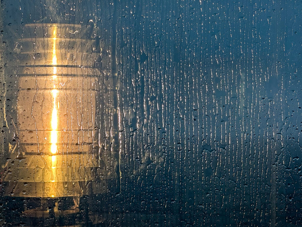 Owls Head Lighthouse's 4th order Fresnel lens reflects in a rain soaked lantern pane.